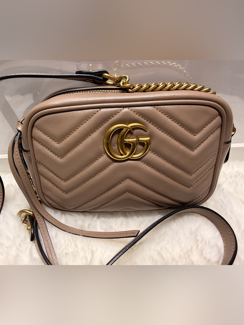GUCCI-448065 493055 Small Marmont Matelasse Taupe Camera Crossbody Bag